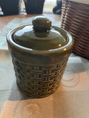 Pier 1 Green Ceramic spice  Canister with Basket-Weave Texture